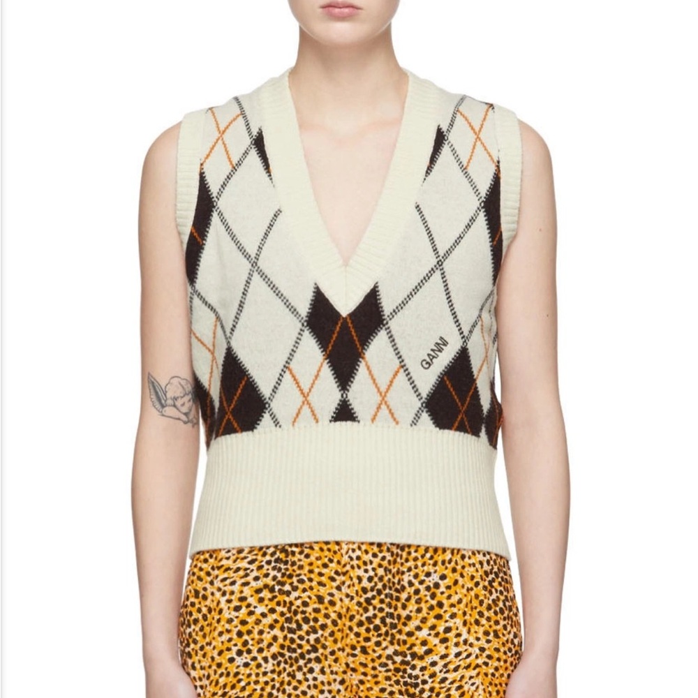 GANNI Harlequin Argyle Knit Vest in Cream and Black